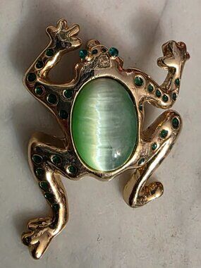 Vintage AAI Frog Brooch Jelly Belly Green Cat Eye Cabochon Rhinestone Gold Tone